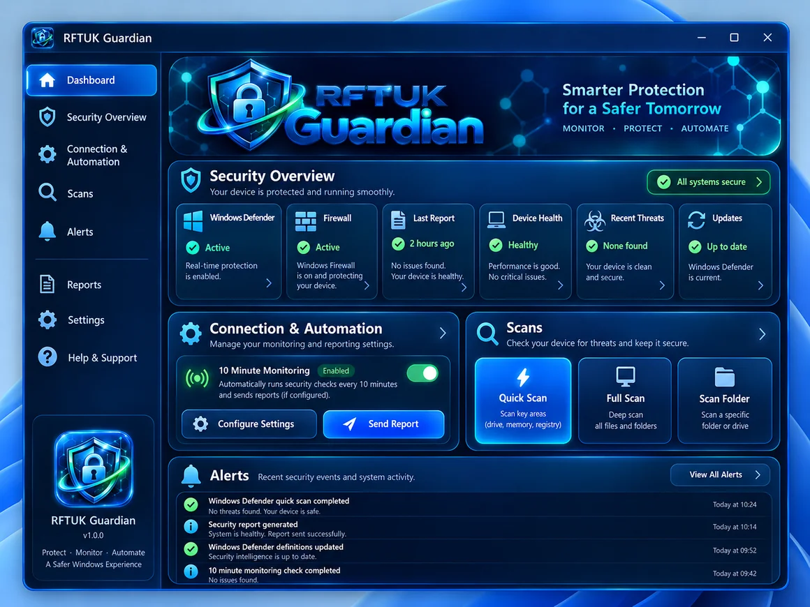 Illustrative mock-up of the colourful RFTUK Guardian Windows security dashboard
